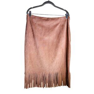 Spence Boho Chic Faux Suede Fringe Skirt Soft Camel Midi Length Statement Piece